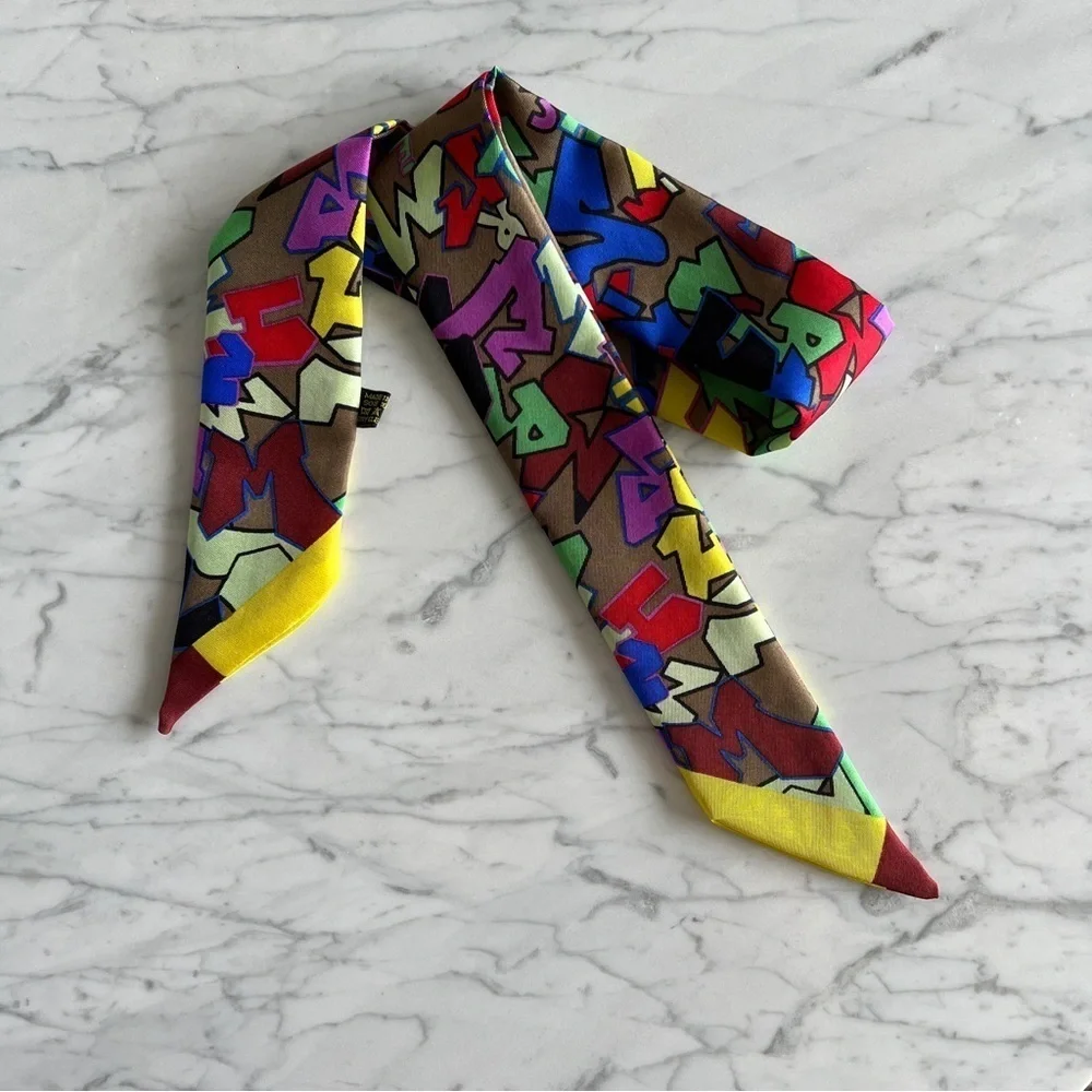 Silk Twilly Scarf, Graffiti Pattern, Multicolor